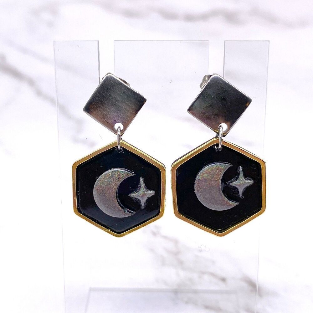 Black Holographic Celestial Crescent Moon Dangle Stud Earrings - Picture 10 of 15